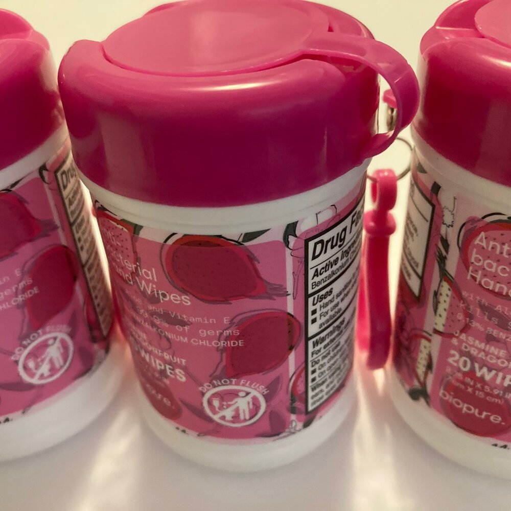 3 Biopure Antibacterial Travel Size Hand Wipes Keychain Jasmine & Dragonfruit